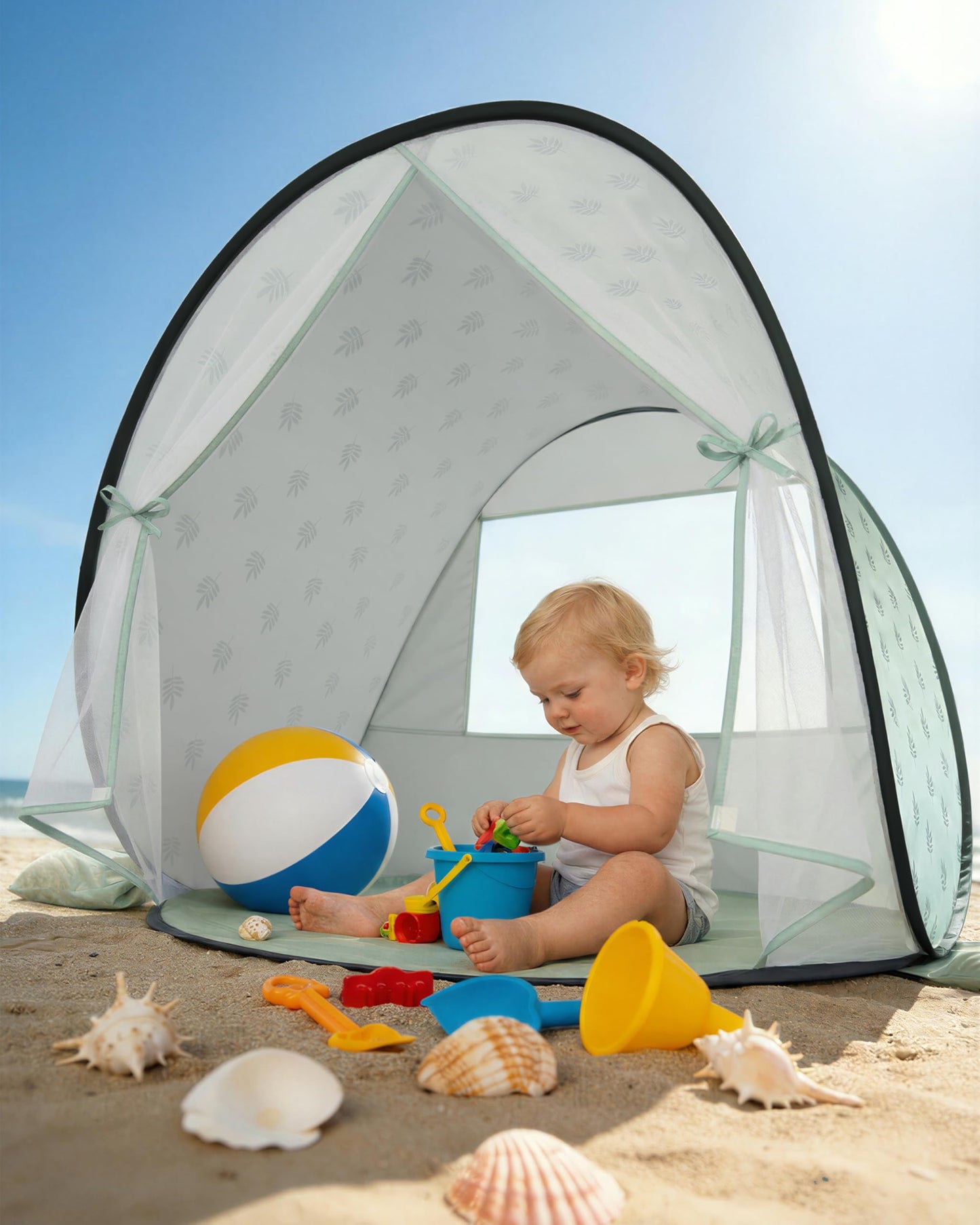 WEMOH Baby Beach Tent, 2026 Upgrade Pop-Up UPF 50+ Sun Protection with Mosquito Net Shelter Canopy Portable Outdoor Shade Summer Essentials for Babies Toddlers- Green Leaves