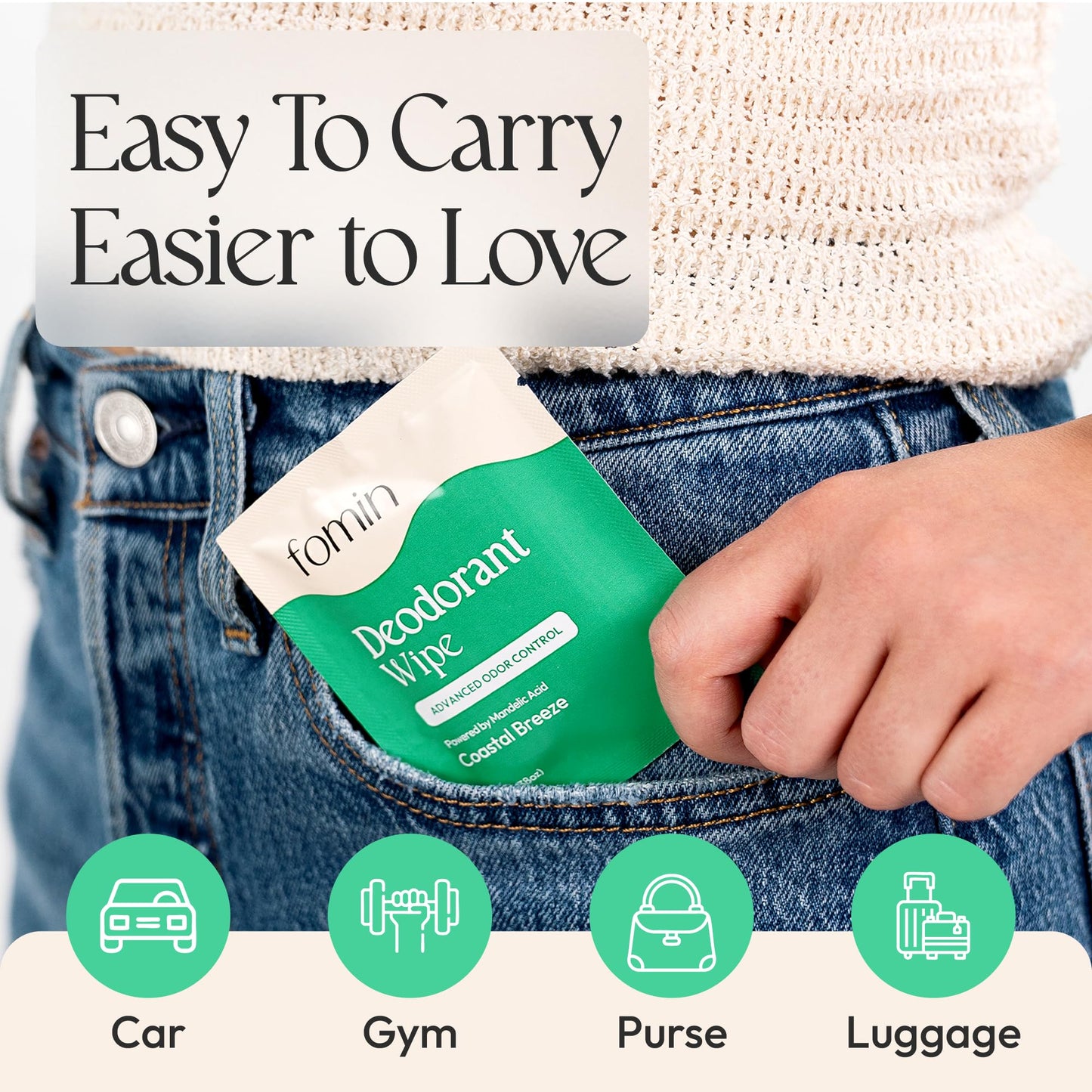 FOMIN Acidified Travel Deodorant Wipes For Women & Men - 30 Count - Coastal Breeze - pH Balanced, Mini Deodorant Travel Size Wipes - Plastic-Free, Individually Wrapped Underarm Body Wipes
