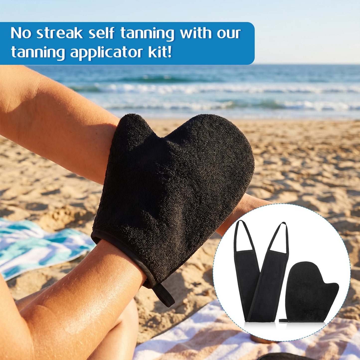 Self Tanning Mitts, Back Self Tanner Applicator Double Sided Reusable Sunless Tanning Mittens 4 in 1 Tanner Gloves with Thumb for Tan Lotion