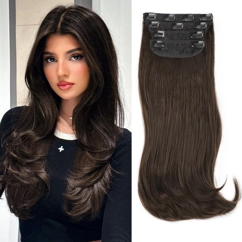 FREEMEIGE Clip in Hair Extensions Hair Extensions for Women Hair Extension Straight Layered Hair Extensions Clip ins Brown Synthetic Heat Resistant Long Wavy Daily Use 20 Inch