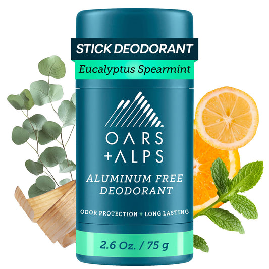 Oars + Alps Aluminum Free Deodorant for Men | Long Lasting Odor Protection, Clear & Free of White Residue, Anti-Chafing Smooth Glide, Dermatologist Tested, Eucalyptus Spearmint, 1pk, 2.6oz