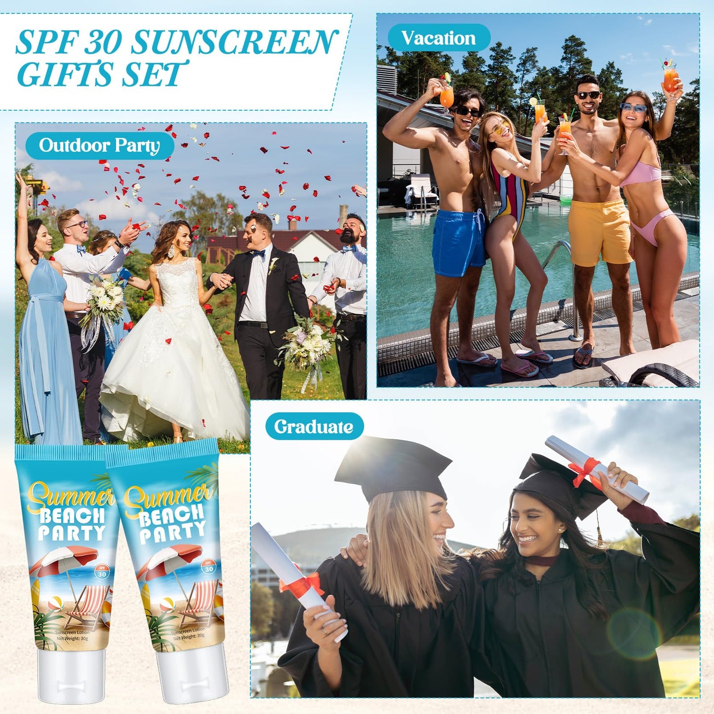 Dansib 36 Pcs Mini Tinted Sunscreen Bulk for Summer Vacation Party Spf 30 Water Resistant Sunscreen Lotion Bulk 1 oz Travel Size for Thank You Gifts Party Supplies (Vacation)