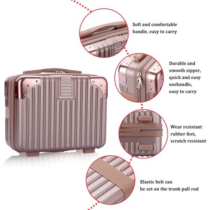 BSTKEY Portable Hard Shell Cosmetic Travel Case, Small Travel Hand Luggage with Elastic Band, Mini ABS Carrying Makeup Case Suitcase, Rose Gold