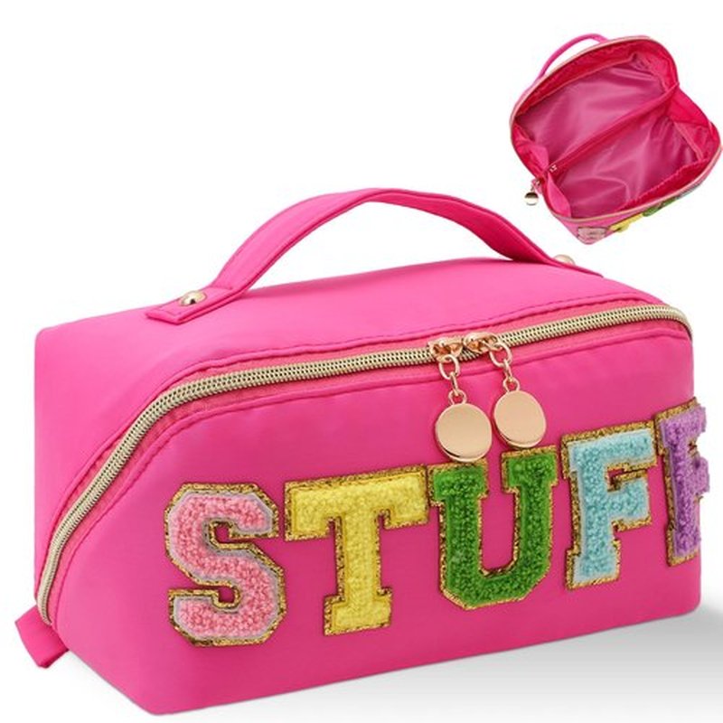 LONEDREAM Stoney Clover Preppy Makeup Bag, Large Capacity Travel Cosmetic Bag, Chenille Letter Open Flat Nylon Stuff, Preppy Patch Better Belt Everything Makeup Bag, Rose Red