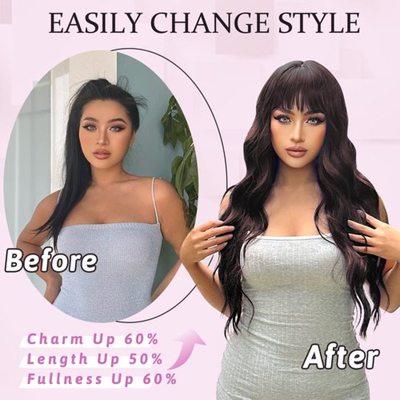 NAYOO Brown Wigs with Bangs for Women Long Curly Wavy Hair Wigs Heat Resistant Synthetic Fiber Wigs for Daily Party Use 26 Inches (Dark Brown)