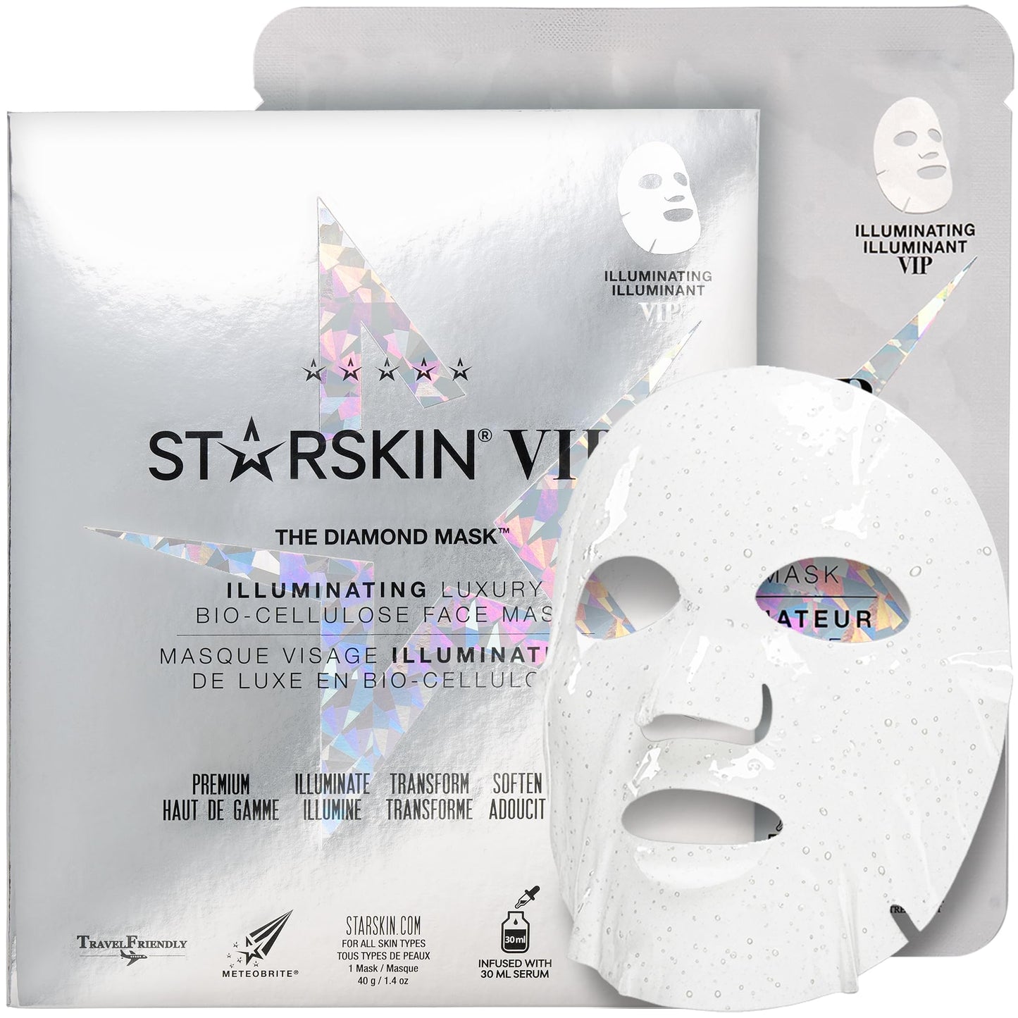 STARSKIN - Premium Korean Skin Care Bio-Cellulose Face Mask - Formulated with Fermented, Vitamin-Rich Coconut Juice - Soaked in Creamy Serum infused with Diamond Dust and Rare Botanicals - 40g, 1.4 Oz