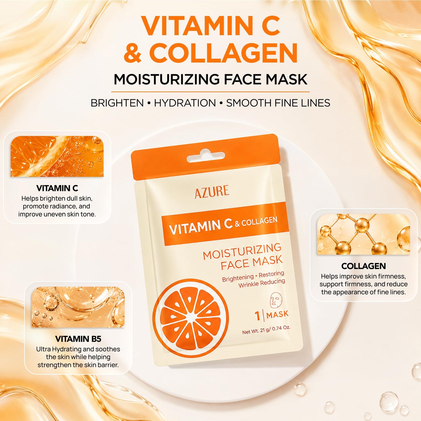 Vitamin C & Collagen Korean Sheet Masks, Dermatologist Tested - 5 Pack