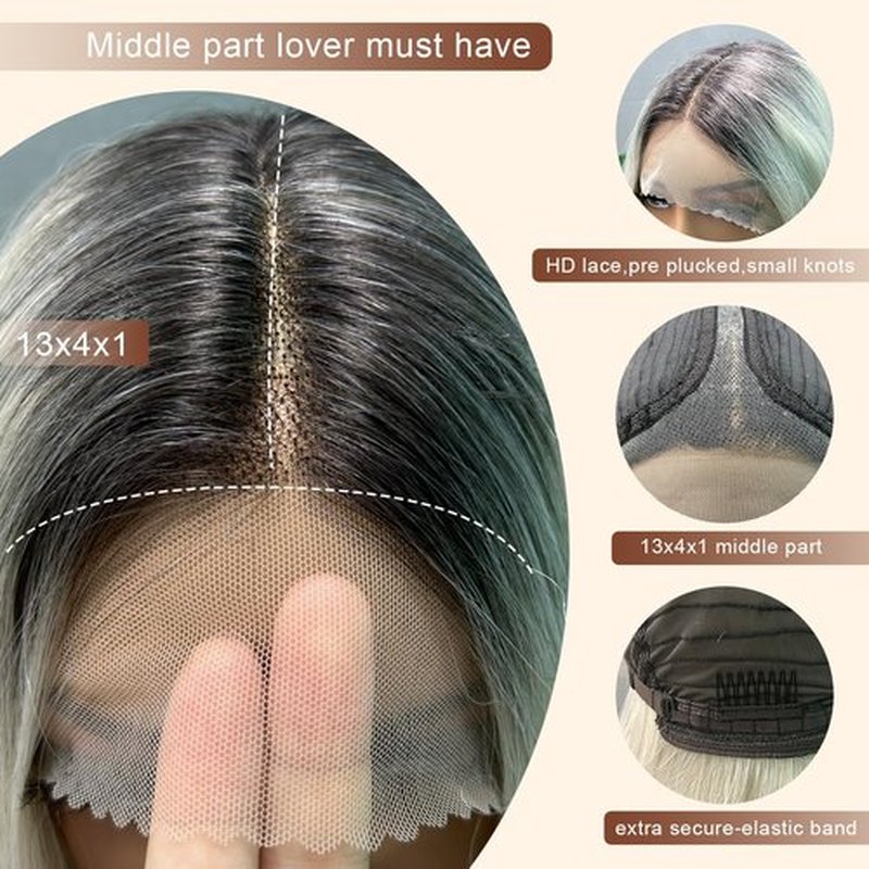 SOKU White Grey Lace Front Wigs with Black Roots 32 Inch Long Straight Ombre Grey Lace Frontal Wigs Pre Plucked Middle Part HD Transparent Lace Silky Straight Synthetic Wigs for Women Girls