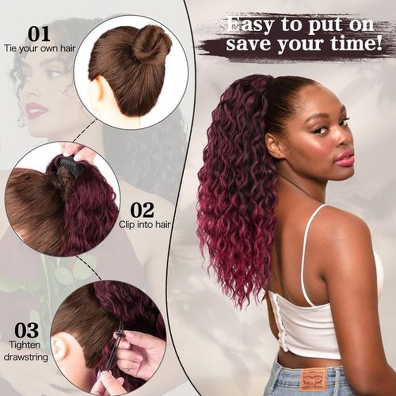 FREEMEIGE Red Ponytail Extension Curly Drawstring Ponytail Synthetic Wavy Pony Tails Hair Extensions Clip in Ponytails 20Inch Fluffy Hairpiece