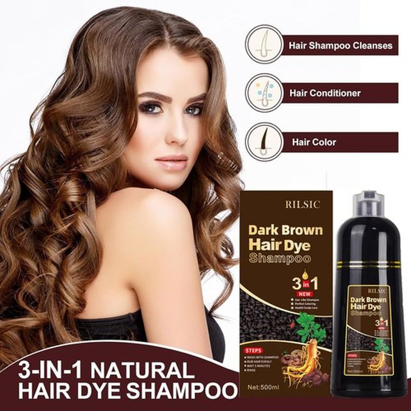 RILSIC Instant Dark Brown Hair Dye Shampoo 3 IN 1,Unisex, Natural Coloring for Grey Hair in Minutes(500ML)