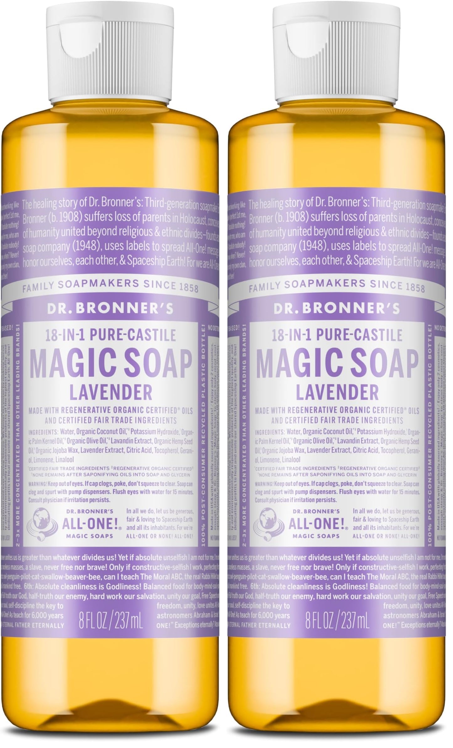 Dr. Bronner's Magic Soap-Pure-Castile Liquid Soap (Lavender, 8 ounce)-Regenerative Organic Certified Oils, 18-in-1 Uses: Body, Hair, Laundry, Pets & Dishes, Concentrated, Vegan, Non-GMO (Pack of 2)