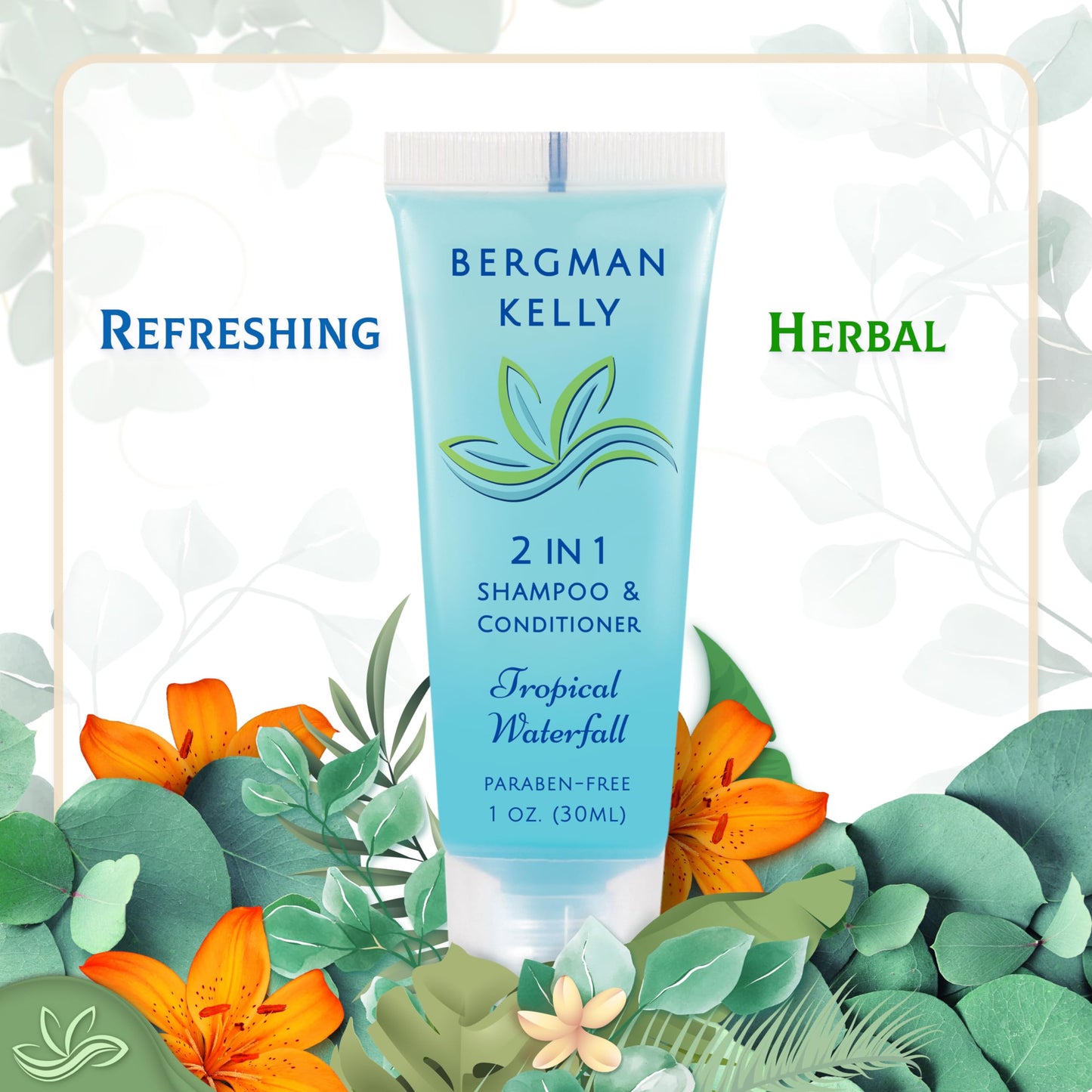 BERGMAN KELLY Round Soap Bars, 2in1 Shampoo & Conditioner 2-Piece Set (Tropical Waterfall, 1 oz each, 100 pc), Delight Your Guests with Revitalizing & Refreshing Hotel Amenities & Bulk Toiletries