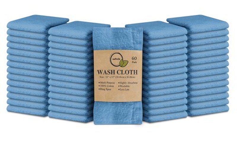Softolle 100% Cotton Ring Spun Wash Cloths – Bulk Pack of Washcloths – 12x12 Inches – Wash Cloth for Face, Highly Absorbent, Soft and Face Towels (Electric Blue, 60 Pack)