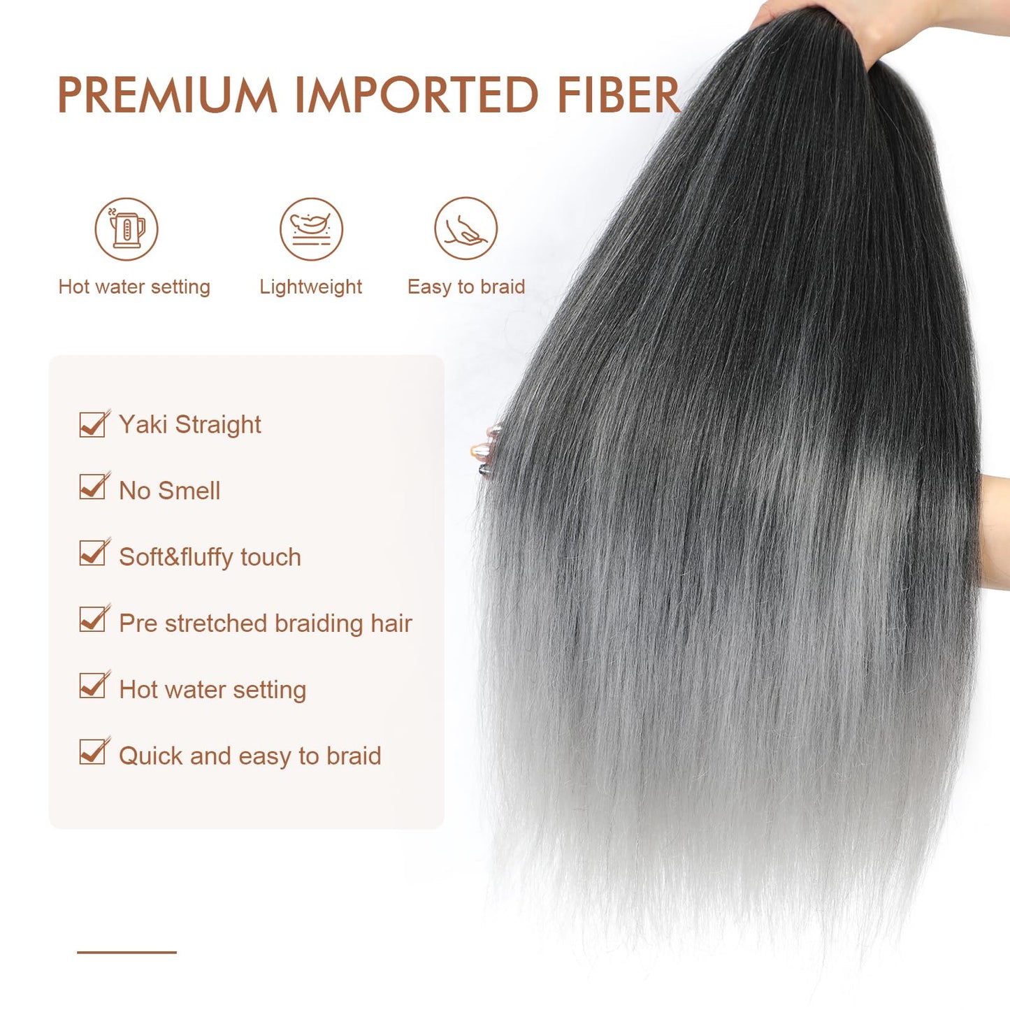 DIFUNEE Pre-stretched Braiding Hair - 16 Inch 8 Packs Ombre Gray Short Braiding Hair For Twist or Box Braids, Yaki Texture Hot Water Setting Synthetic Braiding Hair Extensions (16 Inch, T-Gray-8P)