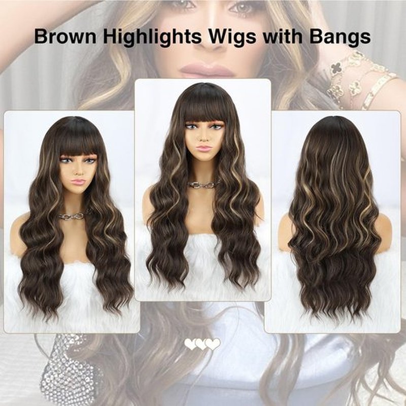 BOGSEA Brown Wigs with Bangs Long Wavy Wig for Women Brown Highlights Wigs with Bangs Synthetic Heat Resistant Fiber Wigs for Daily 26 Inch