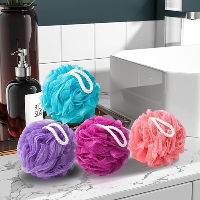 MTDLYICE Loofah Sponge 75g 4 Pack, Bath Sponge Soft Mesh Shower Puff Loofah for Women, Exfoliating Body Scrubber, lufas for Women, Shower Accessories (Purple Red Pink Blue)