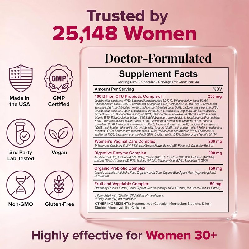 Dr. Formulated Raw Probiotics for Women - 100 Billion CFUs Capsules with Prebiotics & Digestive Enzymes | Shelf-Stable Supplement