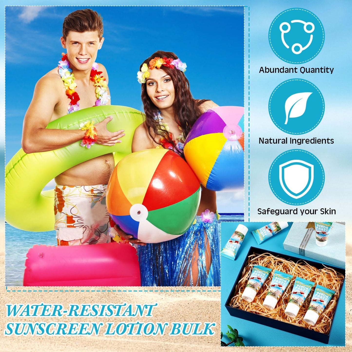 Dansib 72 Pcs Mini Sunscreen Bulk for Summer Party Wedding SPF 30 Water Resistant Sunscreen Lotion Bulk 1oz Travel Size for Thank You Gifts Wedding Supplies (Beach Fiesta)
