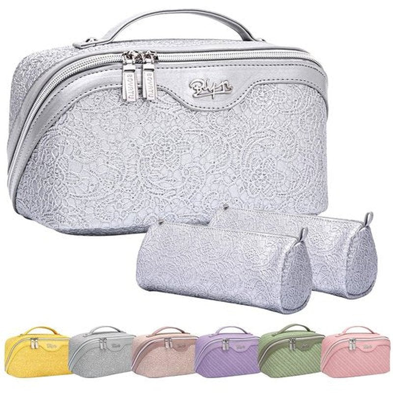 Travel Makeup Bags Cosmetic Organizer Bag: 3-Set Large Capacity Make up Bag - PU Leather Toiletry Bag for Women - Wide Open Portable Pouch with Divider & Handle (02-Z-Silver)