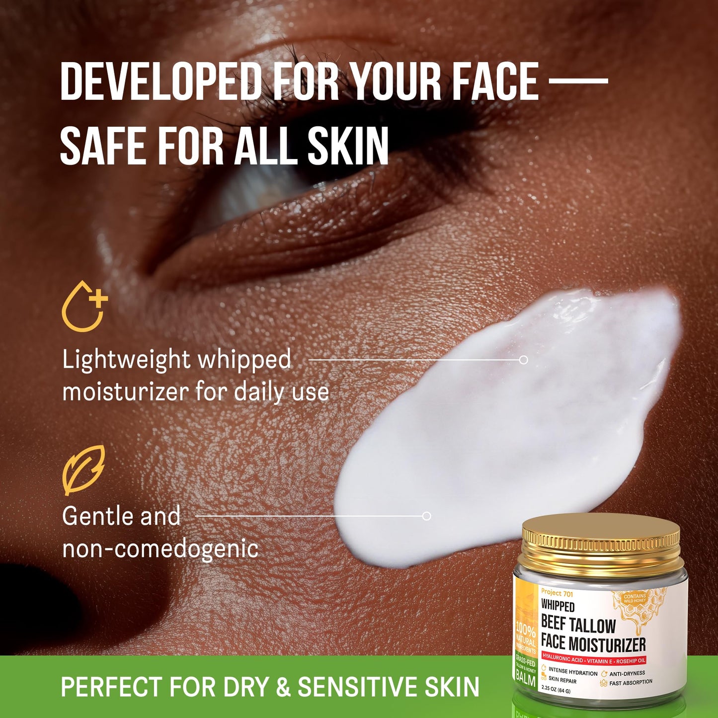 Beef Tallow for Skin and Face - Grass Fed Tallow and Honey Balm, All Natural Skin Care Moisturizer with Hyaluronic Acid - Day & Night Beef Tallow Face Cream for Dry, Sensitive Skin, Glass Jar 2.25 oz