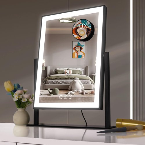 Acoolda Vanity Mirror with Lights, Hollywood Lighted Makeup Mirror with 3 Color Lighting Modes, Detachable 10X Magnification, 18.7 Inches,Black…