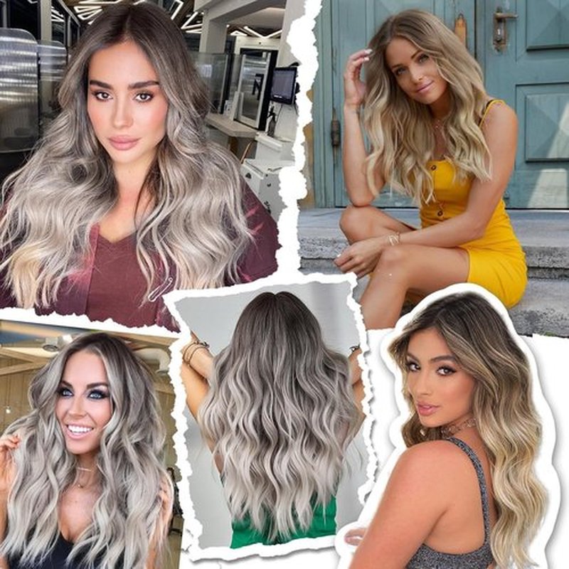 ponyttda Long Sliver Wavy Wigs for Women Middle Part Gray Wig 26 inch Natural Curly Synthetic Wig Heat Resistant Fiber Wigs for Daily Party Use, Halloween Wig