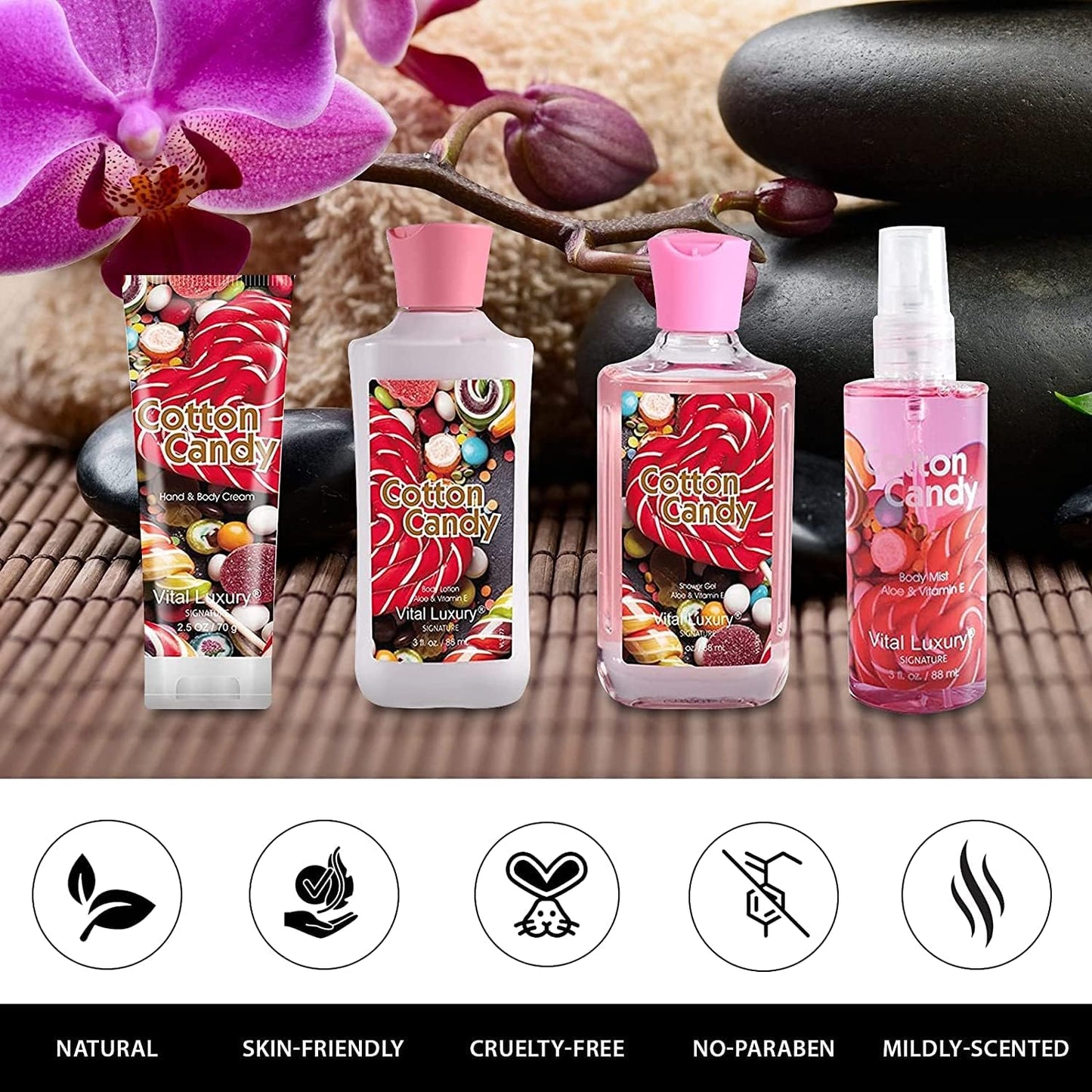 Vital Luxury Cotton Candy Bath and Body Gift Set - 4-Piece Travel Kit with Body Lotion, Shower Gel, Body Cream & Fragrance Mist (3 Fl Oz) - Natural Extracts, Personal Self Care Kit for Women/Men