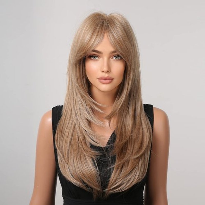 MAGQOO Cherry Blonde Wig for Women Strawberry Blonde Layered Wig Long Light Brown Wig with Bangs Synthetic Heat Resistant with Wig Cap