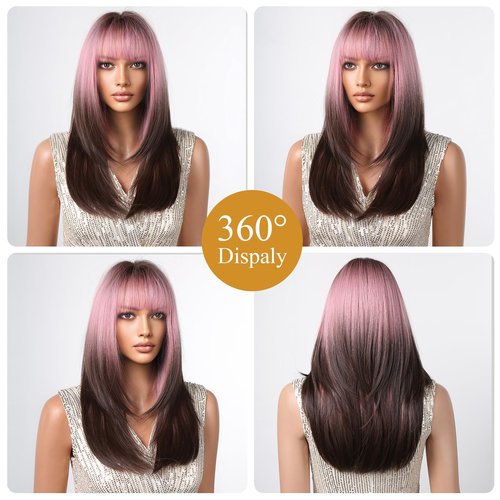 testar Ombre Pink Black Wigs For Black Women Long Pink Black Straight Wigs with Bangs Cosplay Colorful Wigs Synthetic Layered Hair Wigs For Daily Party/Halloween Use 24 Inch