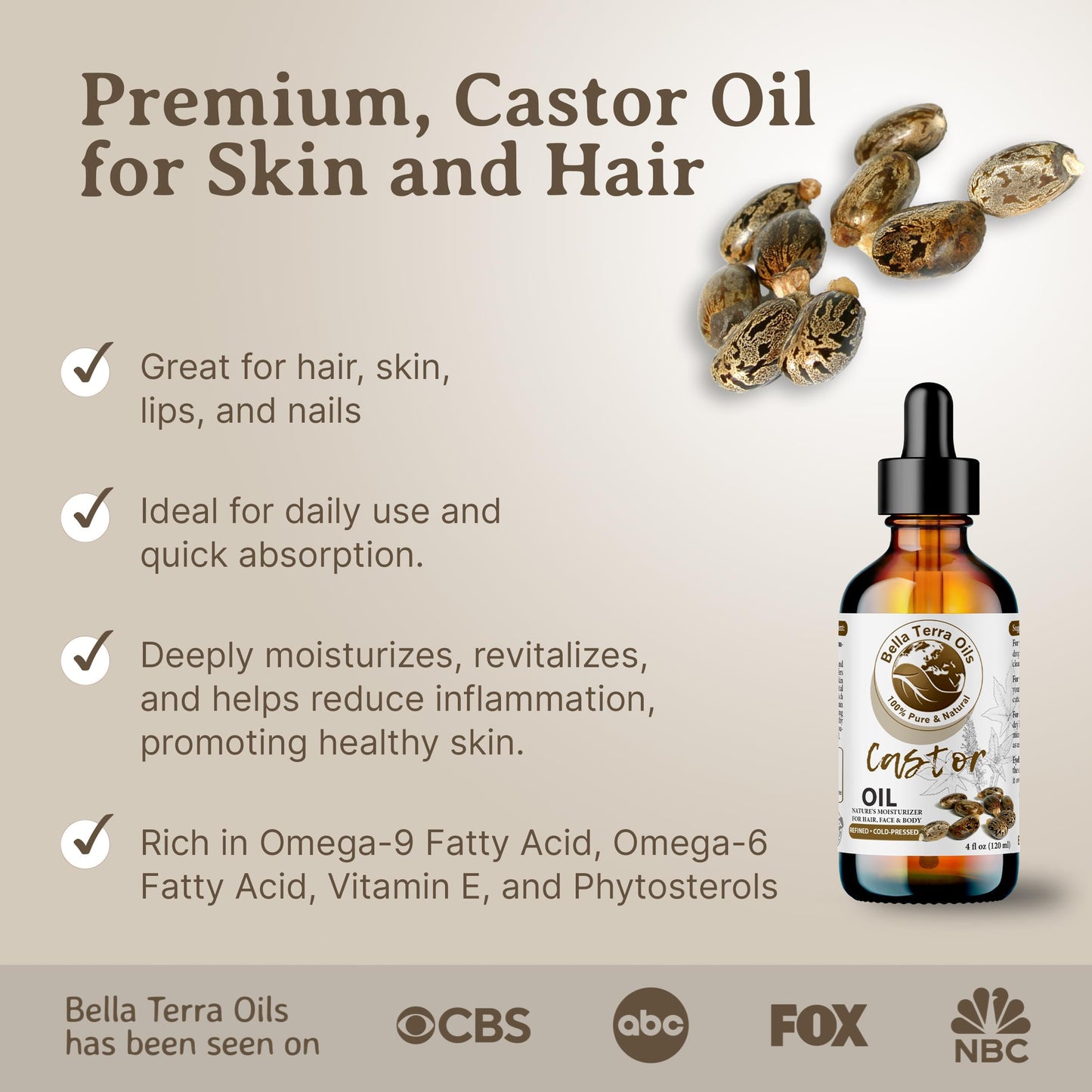 Bella Terra Oils - Natural Castor Oil 2oz Glass Bottle - Pure & Cold-Pressed, Rich in Stearic Acid for Skin & Hair Care