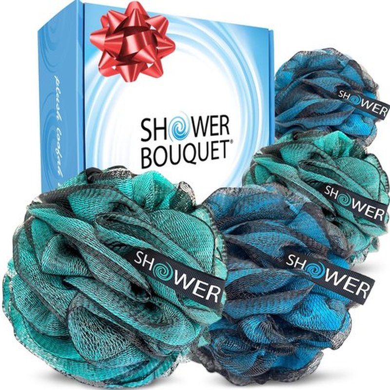 SHOWER BOUQUET Loofah-Charcoal Bath-Sponge-Blue-Green XL-75g Extra Large 4 Pack, Soft Mesh Color & Black Set, Loufa Puff - Exfoliating Body Scrubber for Women and Men: Soothing Exfoliator
