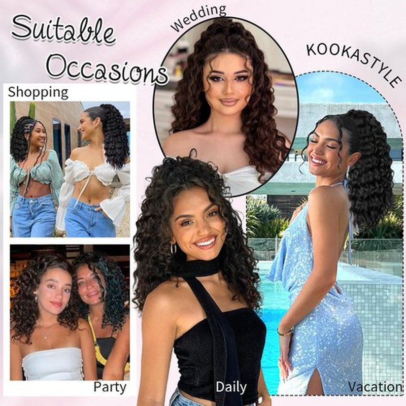 KooKaStyle Curly Ponytail Extension Fluffy Drawstring Ponytail Hair Extensions for Women Long Kinky Curly Wavy Pony Tail Extension Synthetic Hairpiece for Daily Use(18Inch Black Mixed Ginger)