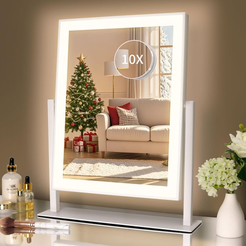 Acoolda 18.7"x 14.4"Lighted Makeup Mirror,Vanity Mirror with Lights,Three Color Lighting Modes, and 10X Magnification Mirror, Smart Touch Control, 360°Rotation White