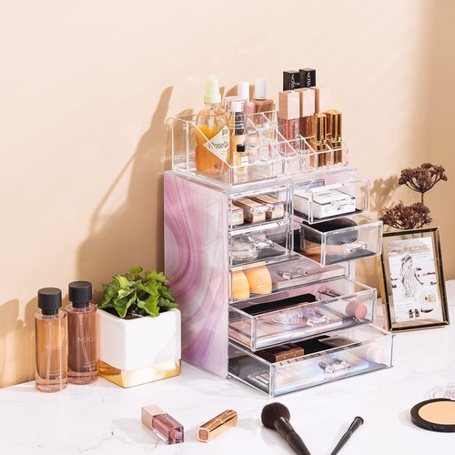 Sorbus Clear Cosmetic Makeup Organizer - Make Up & Jewelry Storage, Case & Display - Spacious Design - Great for Dresser, Bathroom, Vanity & Countertop (3 Large, 4 Small Drawers) [Tie Dye Print]