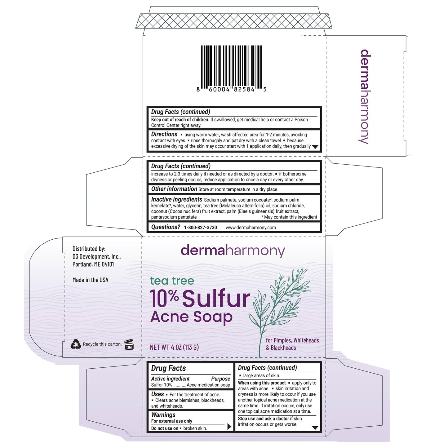 Dermaharmony 10% Sulfur with Tea Tree Oil Acne Bar Soap 4 oz (3 Bars)