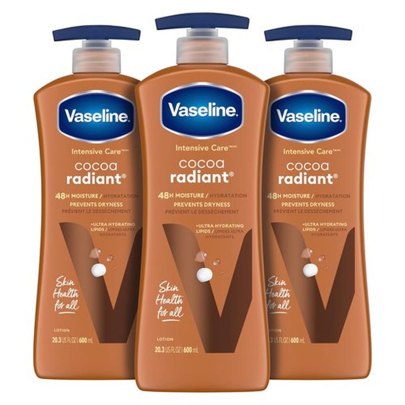 Vaseline Intensive Care Body Lotion Cocoa Radiant 3 count for Dry Skin Lotion Made with Ultra-Hydrating Lipids and Pure Cocoa Butter for a Long-Lasting, Radiant Glow 20.3 Oz