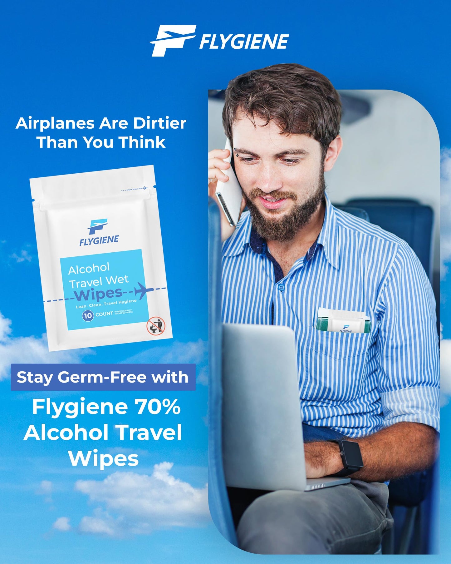 FLYGIENE Individually Wrapped Alcohol Wipes, Travel Essentials (20 Count)