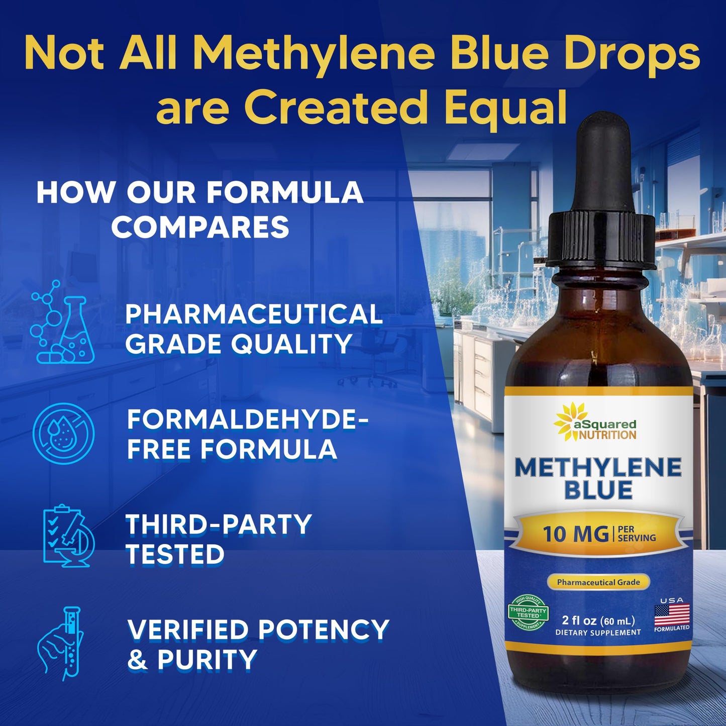 aSquared Nutrition Methylene Blue Drops - 1% Pharmaceutical Grade Liquid Supplement for Humans - 10mg USP Grade w/Vitamin C - No Formaldehyde - Brain & Energy Alternative to Capsules (2 fl oz)