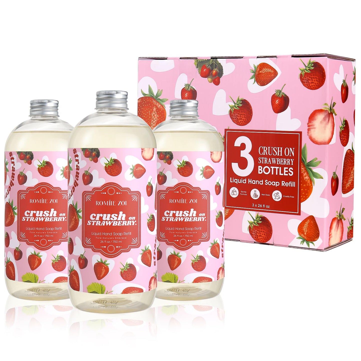 ROMIIE ZOI Hand Soap Refills Gift Set Strawberry Scent 3 x 26 Fl Oz Bottles, Plant-Based, Cruelty-Free, Gentle & Moisturizing Formula with Essential Oils for Bathroom & Kitchen Use