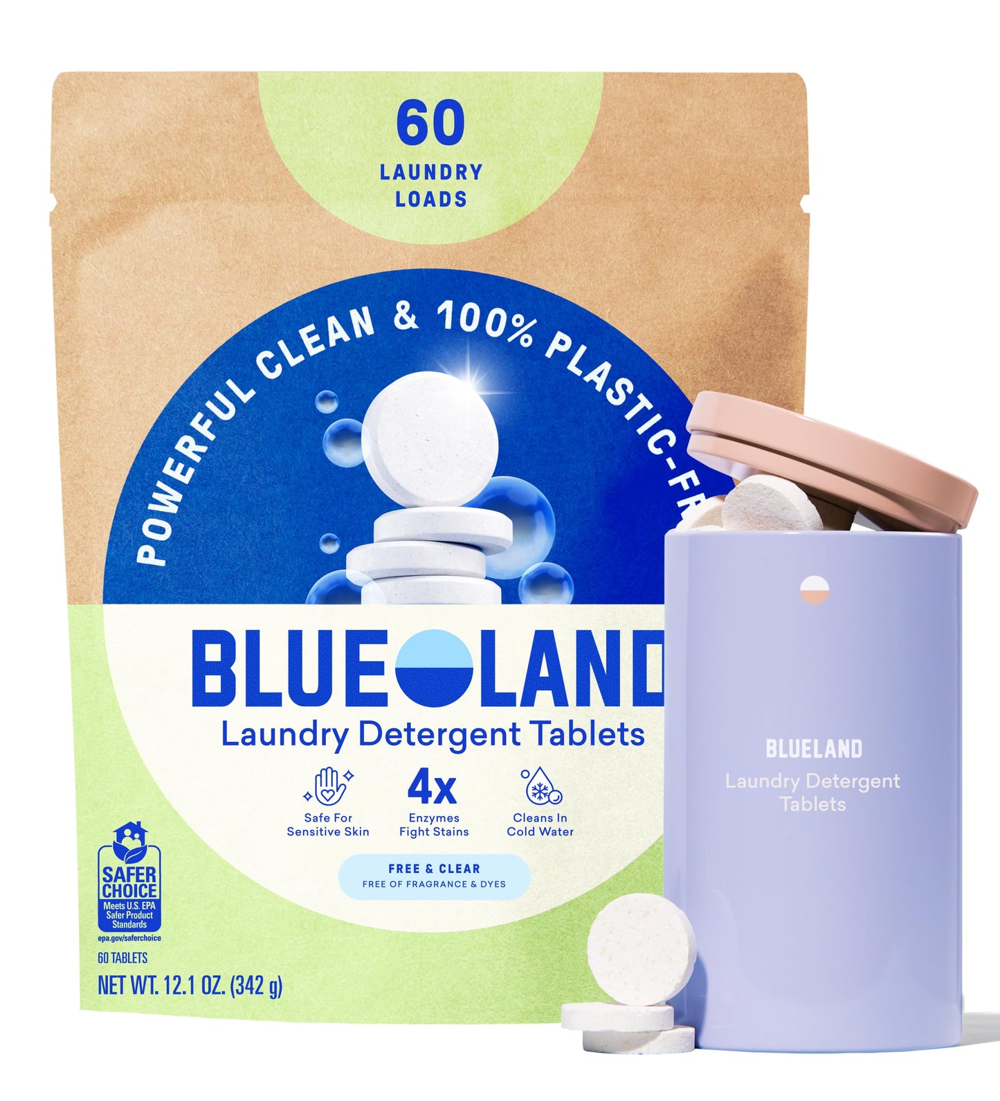 BLUELAND Laundry Detergent Tablets, Starter Set, 60 Count with Tin, Plastic-Free Eco-Friendly, Fragrance Free and Clear, Safe for Sensitive Skin, No Harsh Chemicals, Lifts Tough Stains and Odors