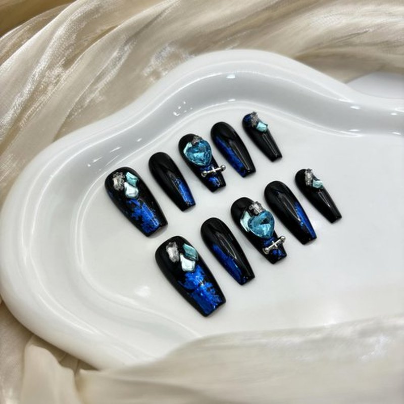 Wsliana Handmade Press On Nail Dark Blue.Diamond Press On Nail Medium Coffin Acrylic Fake Nails with Charm 3D Design,Reusable Glue On Nail for Woman Girls Gift,Set of 10pcs Glossy False Nail(008 S)