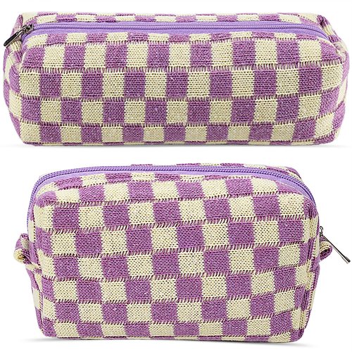 2Pcs Checkered Makeup Bag for Women Girls Pencil Pouch Travel Small Cosmetic Bag Set Cute Makeup Pouch Purse Pencil Case Pencil Bag Zippered Toiletry Bag Organizer Preppy Trendy Storage Bag(Purple)