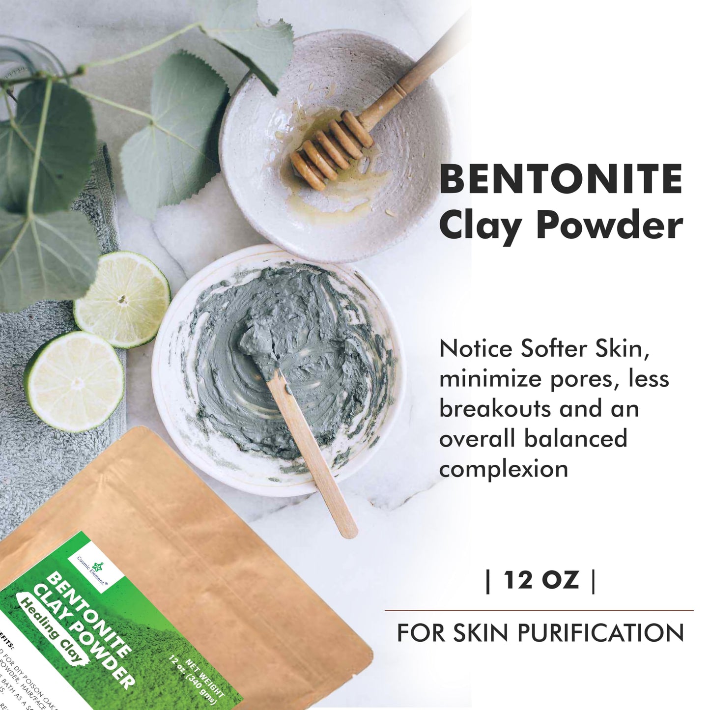 Cosmic Element 100% Pure Calcium Bentonite Clay Powder - Bentonite Clay Food Grade, Vegan, Healing Clay | Skin Care Detox - Deep Pore Cleansing Face & Body Mask for Soft, Smooth, Refreshed Skin | 12oz