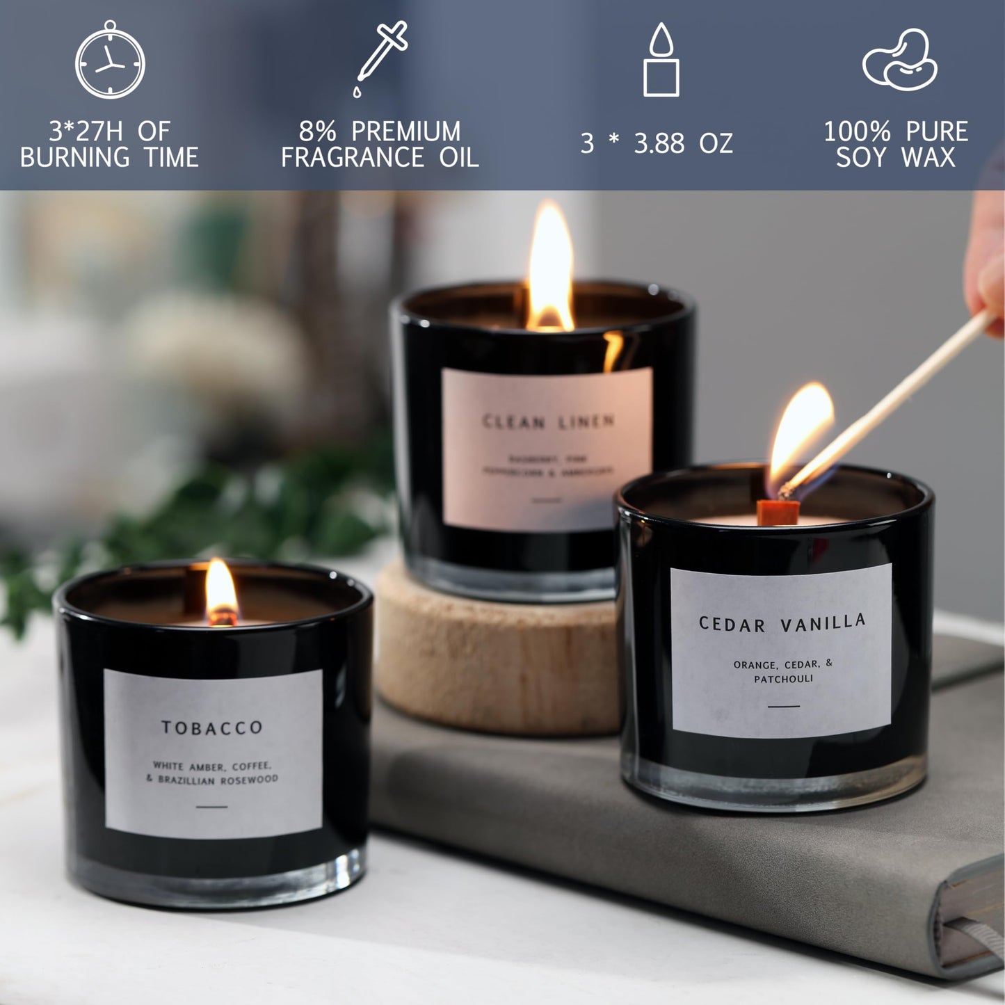 Scented Candles for Men – Masculine Candle Gift Set of 3 with Tobacco, Cedar Vanilla & Clean Linen – Luxury Navy Candles Gift Box, Birthday & Valentine’s Gifts for Men, Candles for Boyfriend
