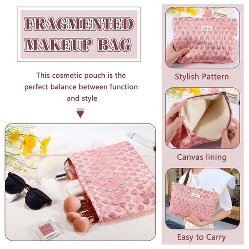 ZLFSRQ Heart Makeup Bag Travel Cute Cosmetic Bags for Women Large Makeup Pouch Zipper Cosmetic Pouch for Purse Aesthetic Embroidery Makeup Organizer Bag Portable Toiletry Bag(Pink)