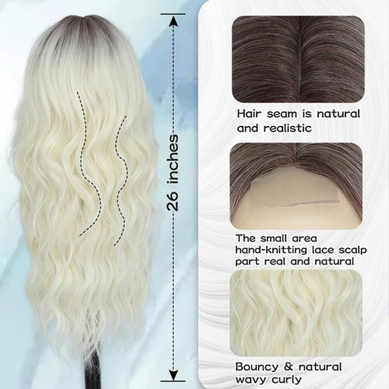 NAYOO Long Wavy Wigs for Women Middle Part Platinum Blonde Wig with Dark Roots Synthetic Heat Resistant Fiber Women Wigs for Daily Party Use (Platinum Blonde)