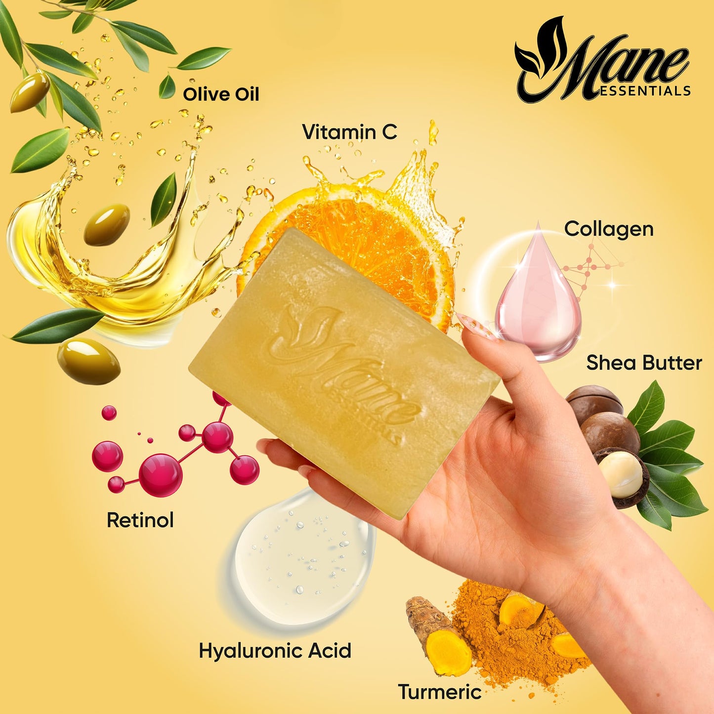 Mane Essentials Turmeric & Kojic Acid Soap Bars for Face and Body, Dark Spot Cleansing Soap with Vitamin C, Collagen & Hyaluronic Acid, 2 Pack