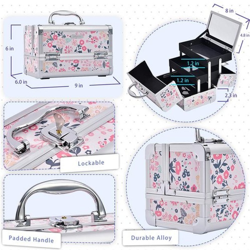 Joligrace Makeup Box Cosmetic Train Case Jewelry Organizer Lockable with Keys and Mirror 2-Tier Tray Portable Carrying Travel Storage Box for Girl - White Floral