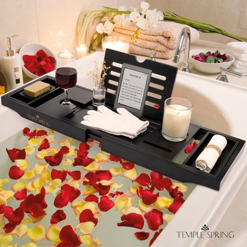 Temple Spring Bathtub Caddy Tray - Extendable Bath Tray for Bathtub with Candle, Wine Glass, Book, Pad & Phone Holders - Adjustable Bathtub Tray Over tub w/Bathroom Accessories - Black