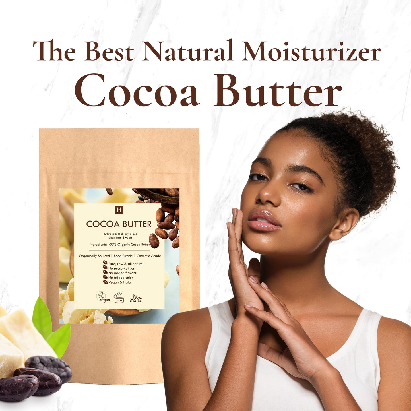 HalalEveryDay Raw Cocoa Butter 5 lb, Unrefined Cacao Butter (Manteca de Cacao) for Skin & DIY, Undeodorized Cocoa Bean Butter for Soap Making, Lotion, Cream & Lip Balm